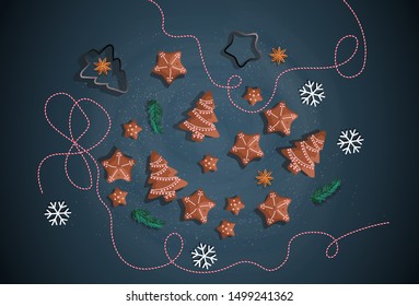 Baked Christmas cookies and decorative red and white rope on the dark blue background. Recipes, Cooking, Merry Christmas concept. Vector illustration for poster, banner, card, cover.