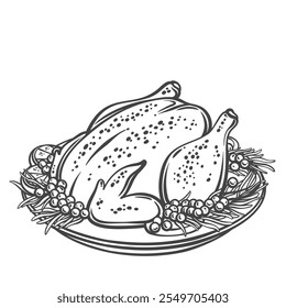 Baked Christmas turkey on plate outline vector illustration. Hand drawn cooked poultry roast with crust on tray, whole crispy roasted turkey or chicken dish for Xmas and Thanksgiving family dinner