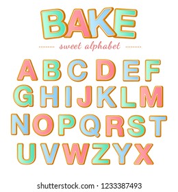 Baked color letters. Christmas gingerbread cookies alphabet, vector illustration.