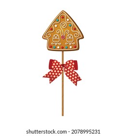 Baked cookie in shape of Gingerbread house on wooden stick in cartoon style. Cake pop with sweet biscuit for festive decoration isolated on white background. Vector illustration