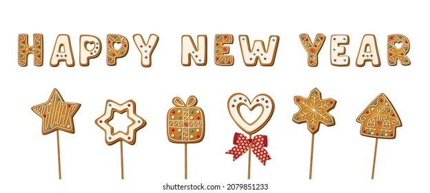 Baked cookie in shape of Gingerbreads letters in phrase happy new year on wooden stick in cartoon style. Cake pop with sweet biscuit for festive decoration isolated on white. Vector illustration