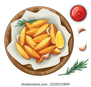 Baked country style potato wedges with rosemary and sauce. Fast food. Vector illustration in eps 10. Suitable for menu, restaurant, recipe and cookbook