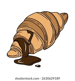 Baked Croissant bakery menu with chocolate. Fresh dessert and chocolate sauce