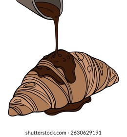 Baked Croissant bakery menu with chocolate. Fresh dessert and chocolate sauce
