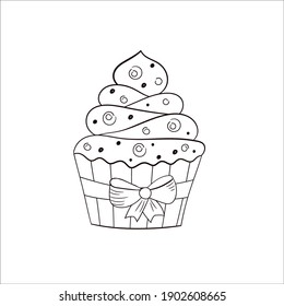 Baked cupcake. Cute contour sketch in doodle style. Isolated object on a white background. Design for the menu of confectionery, textiles, coloring books.