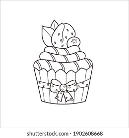 Baked cupcake. Cute contour sketch in doodle style. Isolated object on a white background. Design for the menu of confectionery, textiles, coloring books.