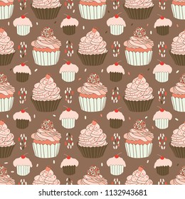 Baked Cupcakes Food Vector Pattern Seamless, Hand Drawn Illustration for  Party Stationery, Cafe Menu, Bakery Packaging, Gift Wrap & Cookery Blog Backgrounds,  Cherry, Strawberry Icing