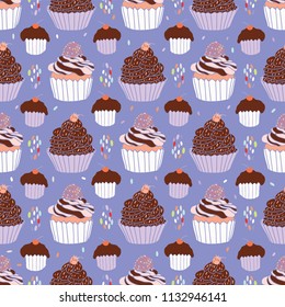 Baked Cupcakes Food Vector Pattern Seamless, Hand Drawn Illustration for  Party Stationery, Cafe Menu, Bakery Packaging, Gift Wrap & Cookery Blog Backgrounds,  Cherry, Strawberry Icing