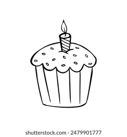 Baked dessert for birthday party and other celebration , cupcake with candle , doodle 