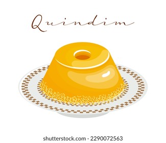 Baked dessert Quindim with coconut flakes, Latin American sweet. National cuisine of Brazil. Food illustration, vector	

