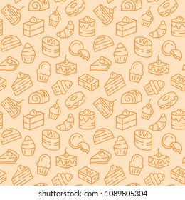 Baked desserts related seamless pattern with cakes, biscuits and pie in line art with editable stroke. Vector illustration of background with outline sweet food elements.