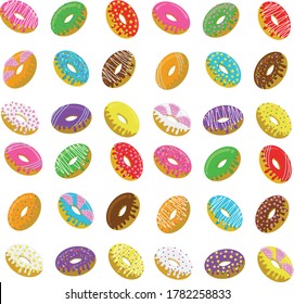 Baked doughnuts with multicolored coating and topping cake in vector