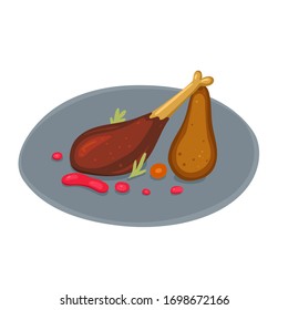 Baked duck leg with pear isolate on a white background. Vector graphics.