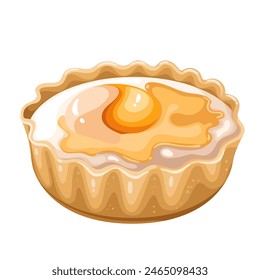 Baked egg in shortcrust pastry, cartoon rustic breakfast food. Open delicious savory pie of shortbread dough with runny egg yolk and cheese. Appetizer mascot, cartoon gourmet dish vector illustration