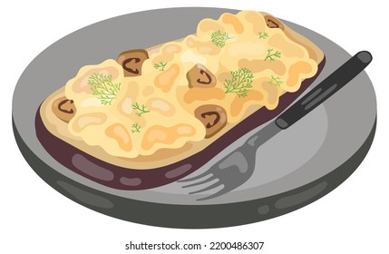 Planta de berenjenas al horno con champiñones, queso y hierbas. Ilustración vectorial dibujada a mano. Adecuado para sitio web, postales, pegatinas, menú.