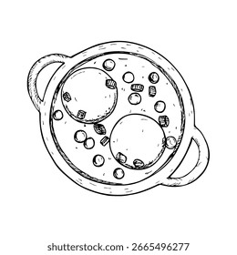 Baked eggs dish in a ramekin sketch drawing. Prepared eggs, a healthy breakfast idea illustration in engraving style. Hand-drawn vector line art clipart