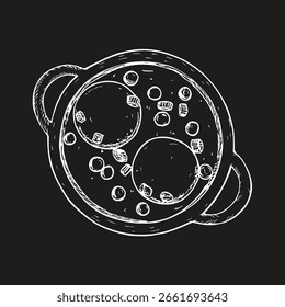 Gebackene Eier in einem Ramierkraut-Topf Skizze Umriss Illustration. Zubereitete Eier, Frühstücksmahlzeit doodle Zeichnung im Stich. Handgezeichneter Vektorliniengrafik-Clip
