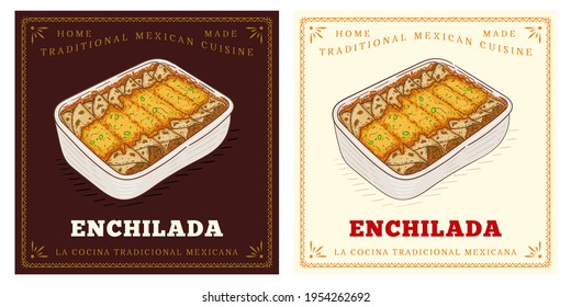 Baked enchilada with cheese in pot retro vintage illustration