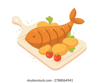 Baked fish dinner. Roasted BBQ trout with potatoes and cherry tomatoes. Flat cartoon style healthy grilled seafood dish served on cutting board. Vector delicious dinner menu isolated on white background.