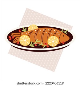 Baked fish with lemon and rosemary isolated on a white background. Cooked fried fish meat on a plate. Festive traditional food. Colorful cartoon vector flat illustration