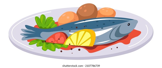 Baked fish with lemon slices, salad leaves, and tomato sauce. Seafood in restaurant or cafe, dinner or breakfast full in vitamins and nutritious elements for dieting. Vector in flat style illustration