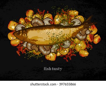 baked fish with potatoes and mushrooms freehand drawing