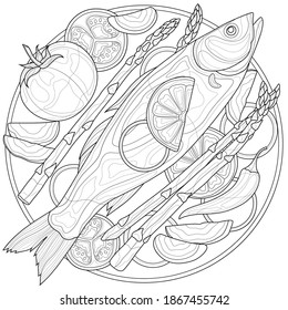 
Baked fish with vegetables.Coloring book antistress for children and adults. Zen-tangle style.Black and white drawing