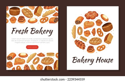 Baked Food Banner Design with Bread Loaf and Sweet Pastry as Bakery Product Vector Template