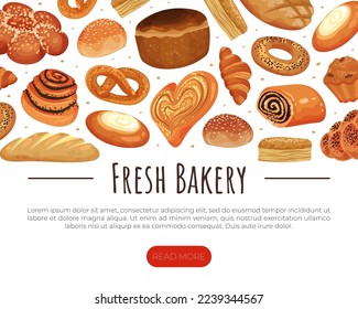 Baked Food Banner Design mit Brot und Süßspeise für Bakeshop-Vektorvorlage