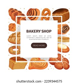 Baked Food Banner Design mit Brot und Süßspeise für Bakeshop-Vektorvorlage