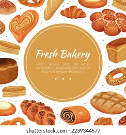 Baked Food Banner Design mit Brot und Süßspeise für Bakeshop-Vektorvorlage