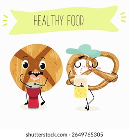  Caracteres engraçados de comida assada, ilustração vetorial desenhada à mão.