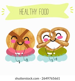  Caracteres engraçados de comida assada, ilustração vetorial desenhada à mão.