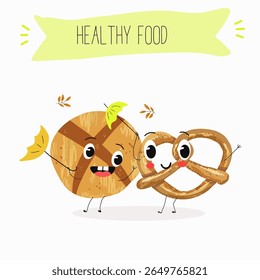  Caracteres engraçados de comida assada, ilustração vetorial desenhada à mão.