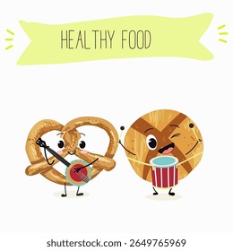  Caracteres engraçados de comida assada, ilustração vetorial desenhada à mão.