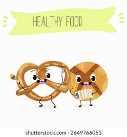  Caracteres engraçados de comida assada, ilustração vetorial desenhada à mão.