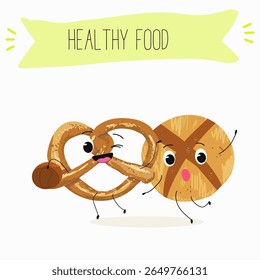  Caracteres engraçados de comida assada, ilustração vetorial desenhada à mão.