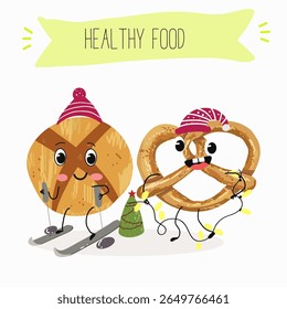  Caracteres engraçados de comida assada, ilustração vetorial desenhada à mão.