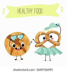  Caracteres engraçados de comida assada, ilustração vetorial desenhada à mão.