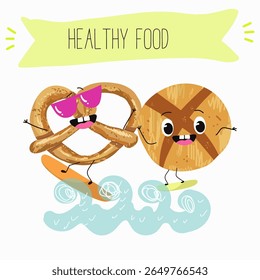  Caracteres engraçados de comida assada, ilustração vetorial desenhada à mão.