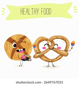  Caracteres engraçados de comida assada, ilustração vetorial desenhada à mão.