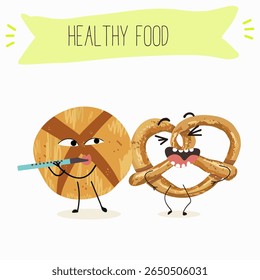  Caracteres engraçados de comida assada, ilustração vetorial desenhada à mão.