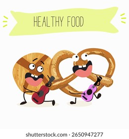  Caracteres engraçados de comida assada, ilustração vetorial desenhada à mão.