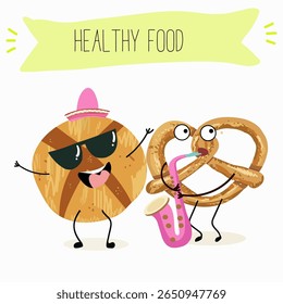  Caracteres engraçados de comida assada, ilustração vetorial desenhada à mão.