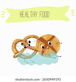  Caracteres engraçados de comida assada, ilustração vetorial desenhada à mão.