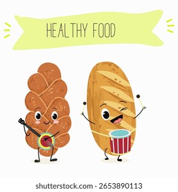 Baked food funny characters, hand drawn vector illustration.