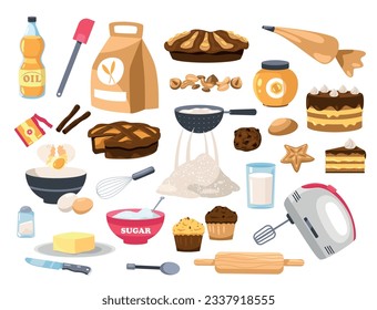 Comida e ingredientes al horno. Clase maestra de caricatura dulce, donuts de masa, masa de galletas, pasteles y herramientas de pastelería. Conjunto aislado de vectores de la ilustración del ingrediente de cocina