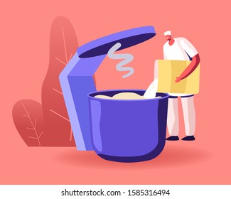 Baked Food Producing Industry and Manufacture Process Worker in White Uniform Prepare Fresh Bread Pouring Flour to Huge Container for Mixing Dough in Bakehouse Factory. Flat Vector Illustration