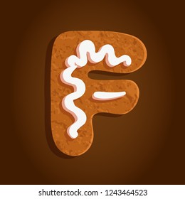 baked gingerbread cookie, alphabet letter F shaped isolated symbol on a brown gradient background, vector illustration