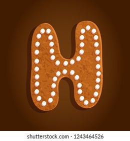 baked gingerbread cookie, alphabet letter H shaped isolated symbol on a brown gradient background, vector illustration